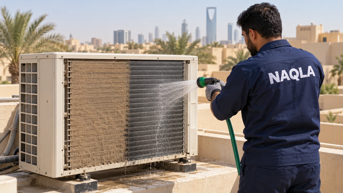 فني نقلة يغسل ملف الوحدة الخارجية للمكيف من الغبار على سطح فيلا بالرياض