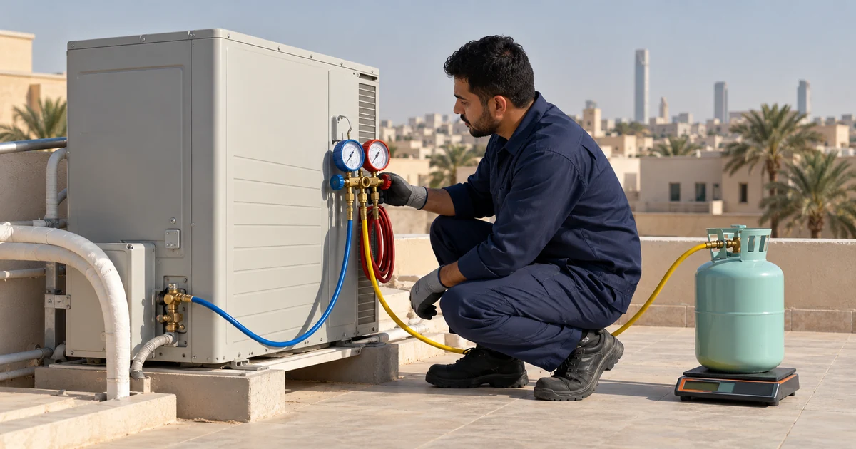 تعبئة فريون بالرياض - فني يقيس ضغط الفريون ويعبئ المكيف باستخدام ميزان الشحن