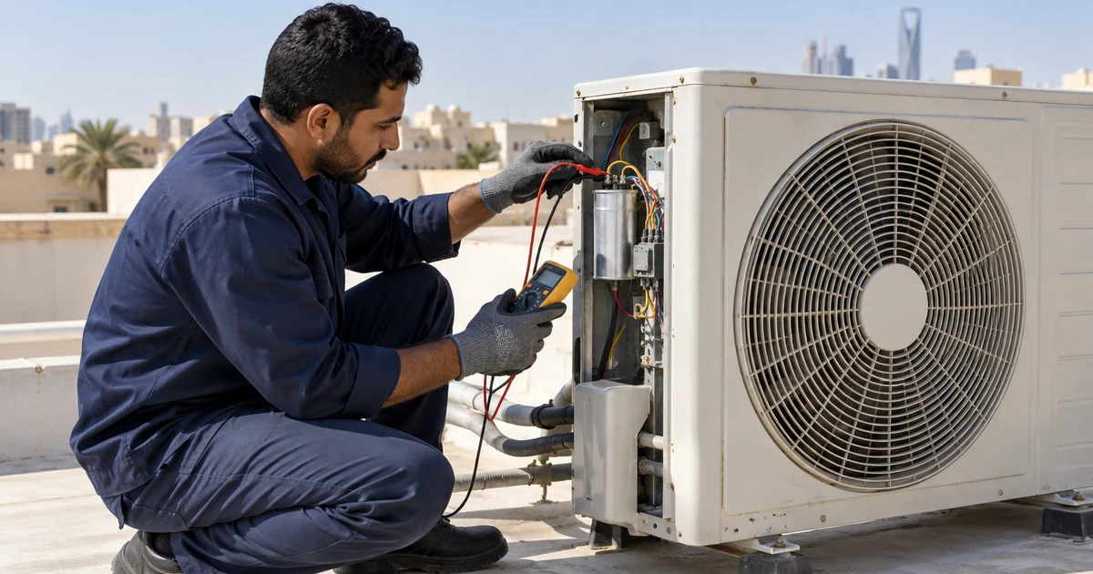 صيانة مكيفات بالرياض - فني صيانة يفحص كهرباء الوحدة الخارجية للمكيف بجهاز القياس