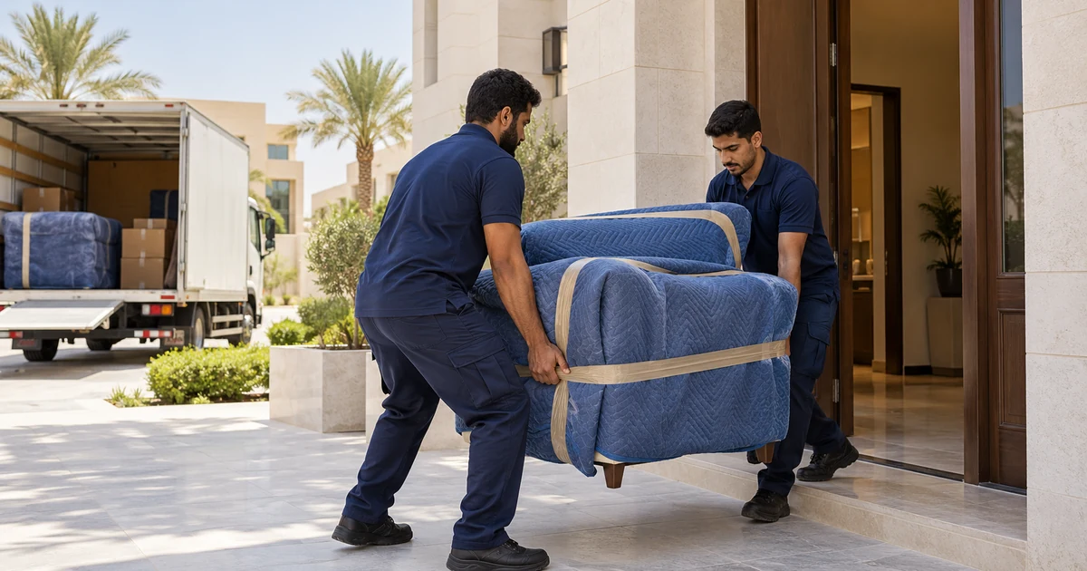 نقل عفش غرب الرياض - عاملان من نقلة يخرجان كرسيًا مغلفًا من باب فيلا إلى سيارة النقل