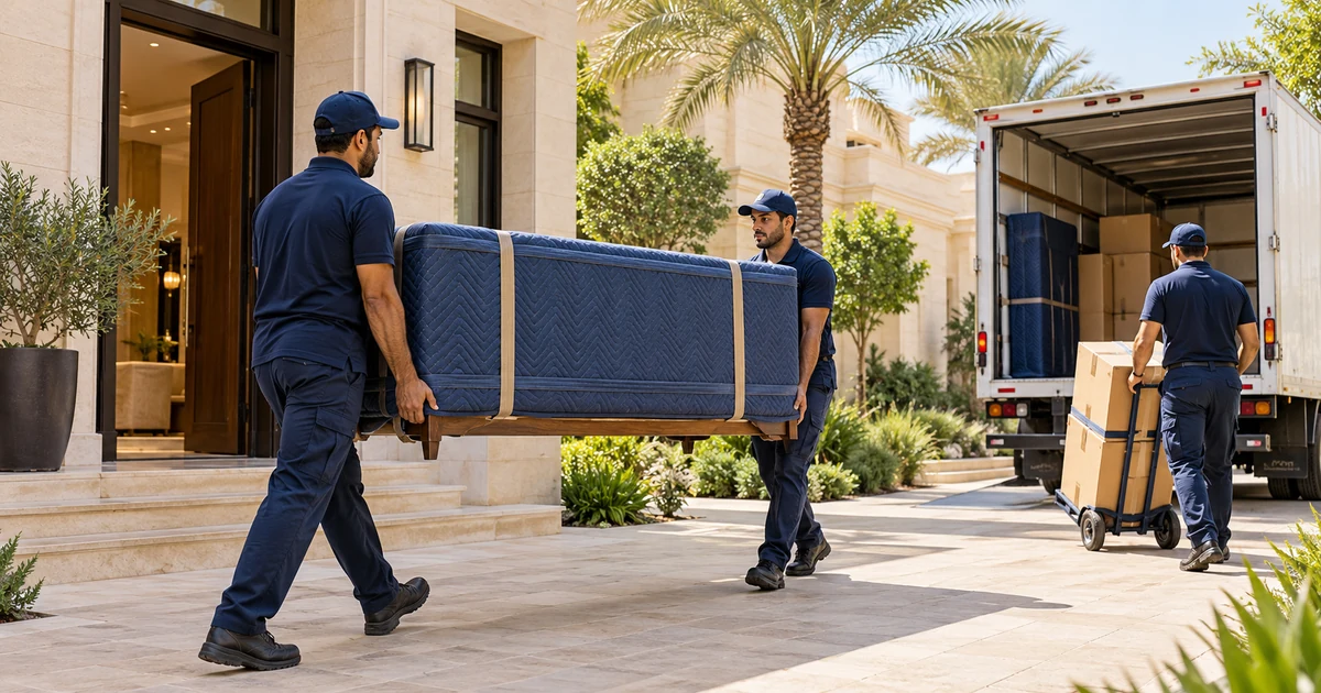 نقل عفش ومكيفات وتنظيف بالرياض - عمال نقلة يحملون كنبة مغلفة من الفيلا إلى سيارة النقل