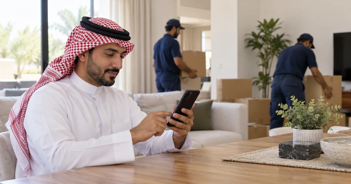 عميل يطلب خدمة نقلة من جواله بينما يجهز الفريق الكراتين