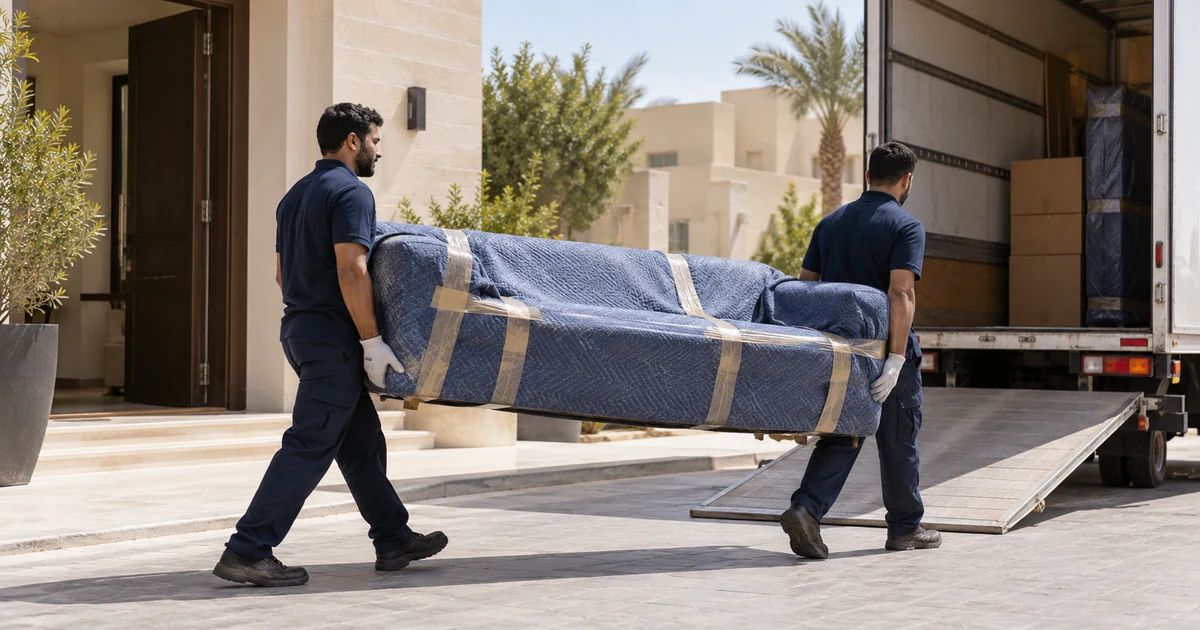تحميل وتنزيل عفش بالرياض - عمال نقلة يحملون كنبة مغلفة إلى سيارة نقل العفش