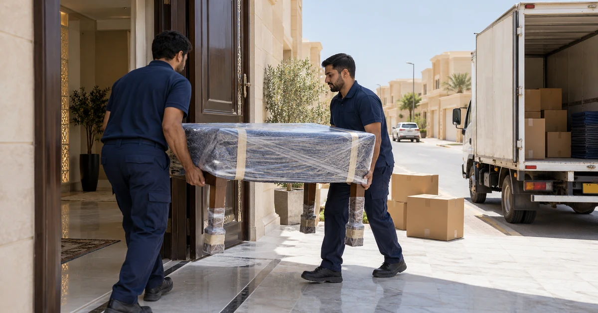 نقل عفش شرق الرياض - عاملان يحملان طاولة مغلفة من مدخل فيلا إلى سيارة النقل
