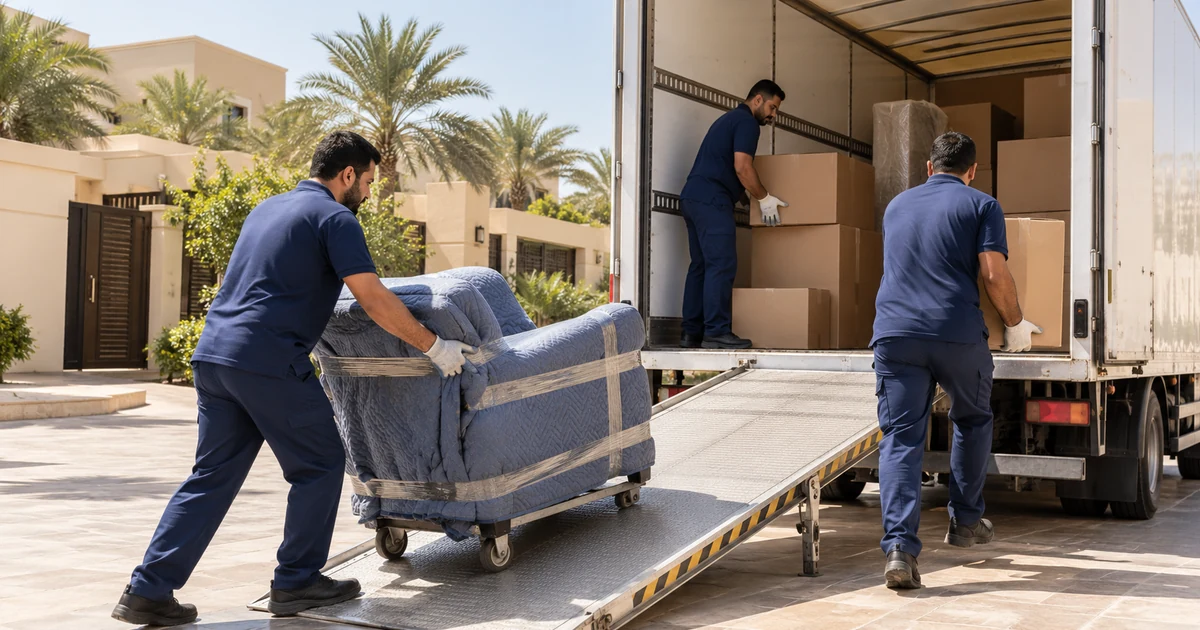 شركة نقل عفش بالرياض - تحميل الأثاث المغلف على سيارة النقل باستخدام عربة ومنحدر