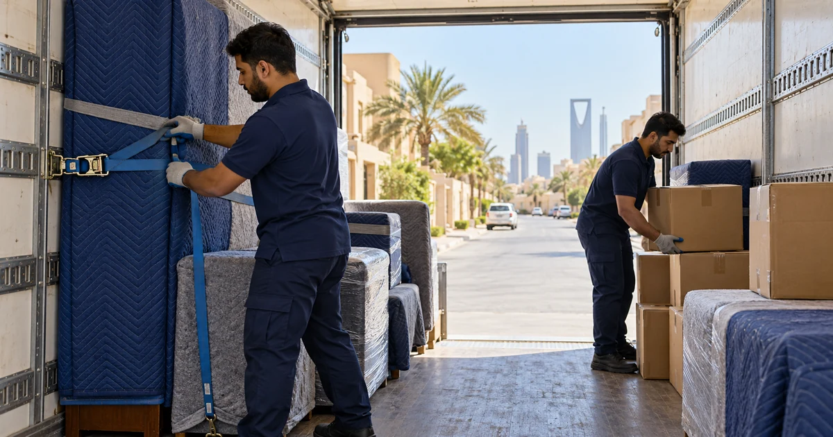 نقل عفش وسط الرياض - تثبيت الأثاث المغلف بالأحزمة داخل سيارة النقل وبرج المملكة في الخلف