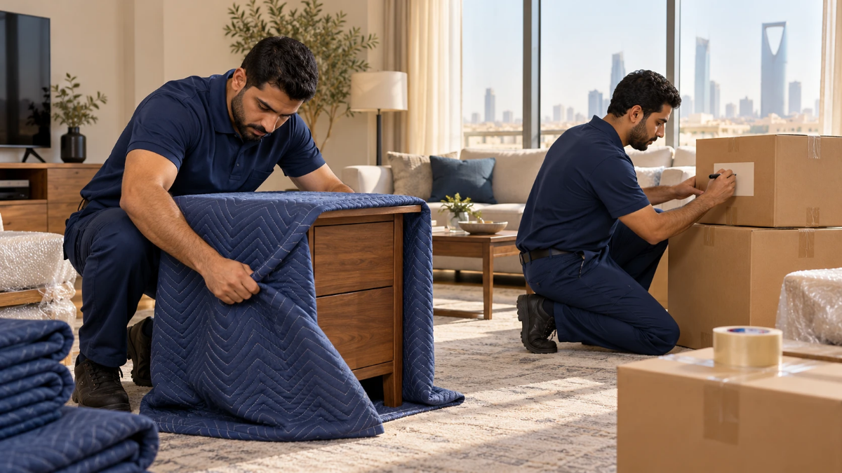 نقل عفش من الرياض الى الدمام: فريق نقلة يغلف الأثاث ويرقم الكراتين قبل التحميل