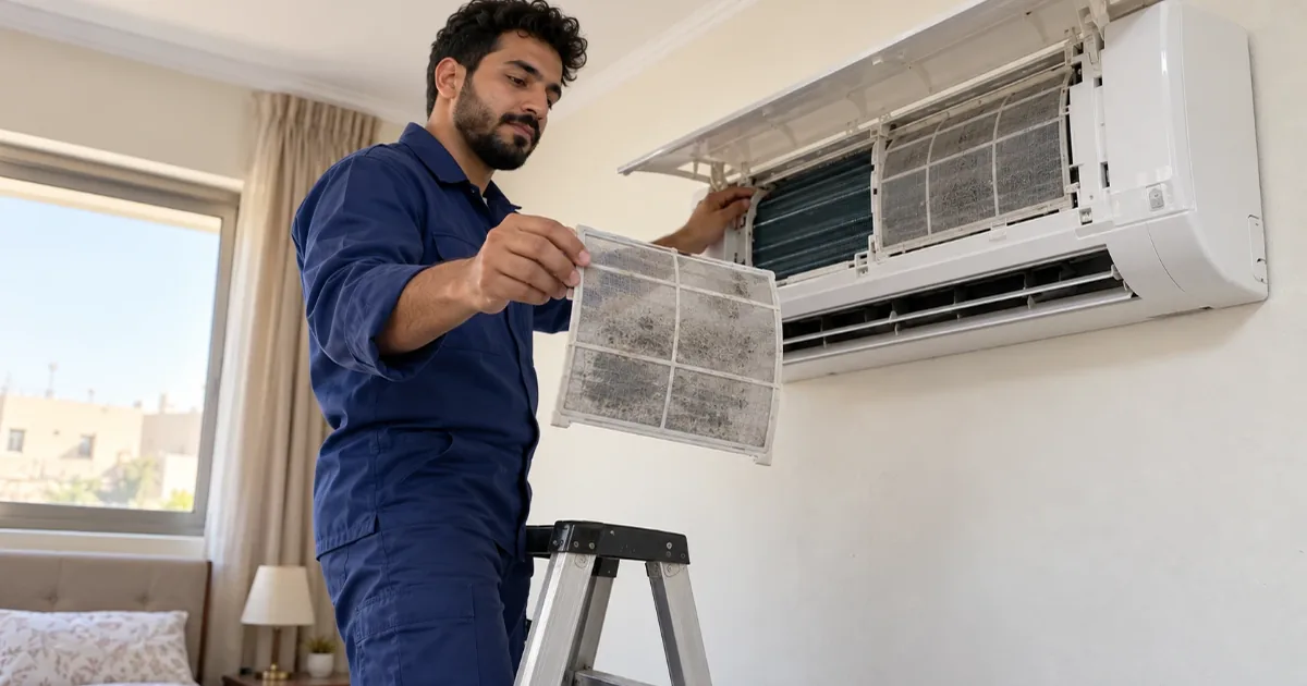 فلتر وملف داخلي متسخ في مكيف سبليت قبل الغسيل في شقة بالرياض
