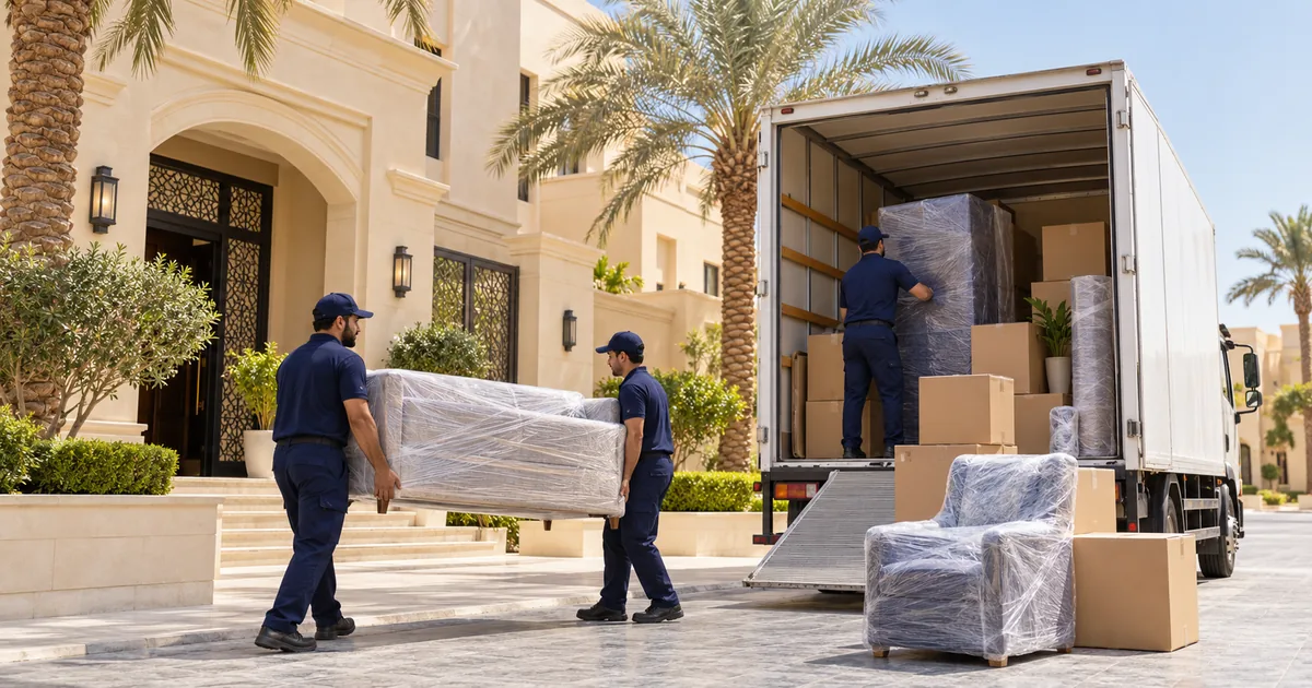 تحميل الأثاث المغلف في سيارة نقل بجوار فيلا بالرياض